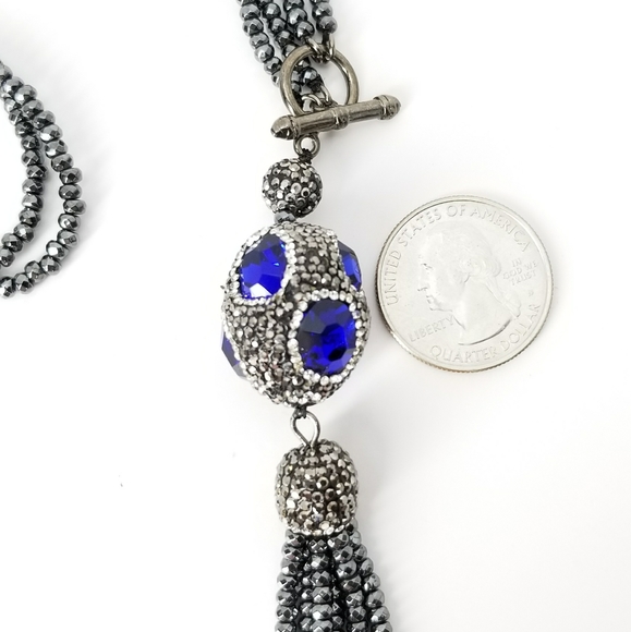 Blue Crystal Cat Eye Gem Hematite Tassel Choker NEW - Picture 5 of 12